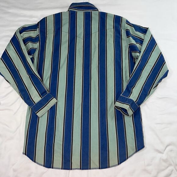Wrangler Western Shirt Size 16.5 x 35 Blue Striped Aztec Pearl Snap Cowboy Cut - Picture 9 of 13
